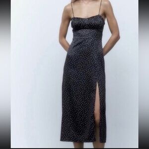 Zara Black Satin Polka Dot Midi Dress